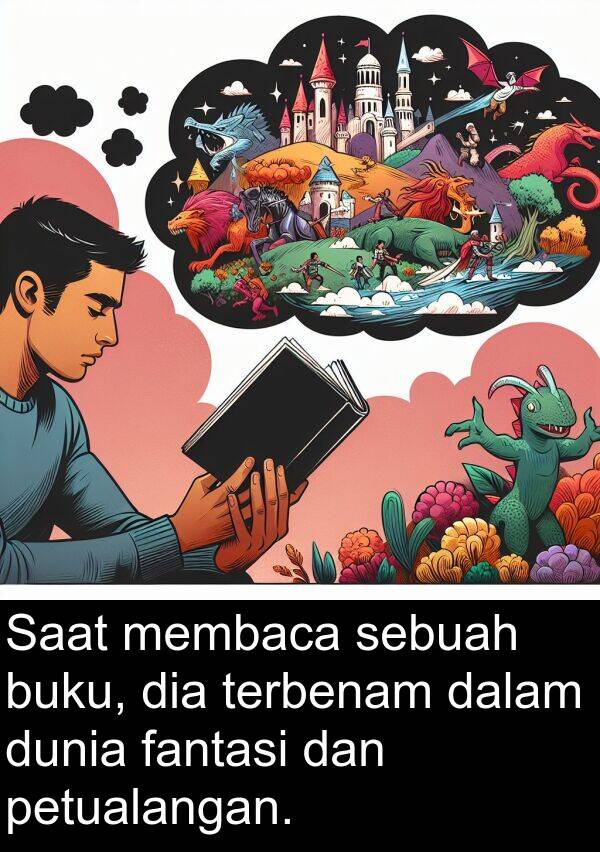 membaca: Saat membaca sebuah buku, dia terbenam dalam dunia fantasi dan petualangan.