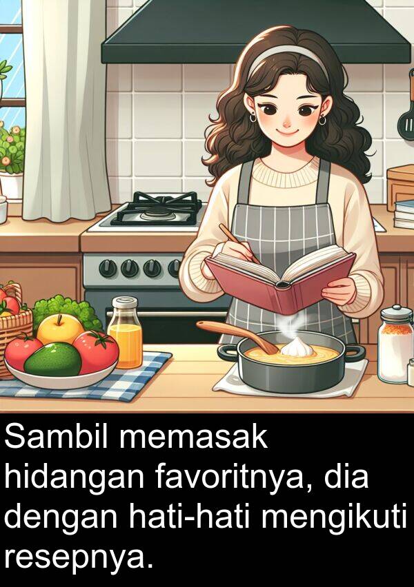 memasak: Sambil memasak hidangan favoritnya, dia dengan hati-hati mengikuti resepnya.