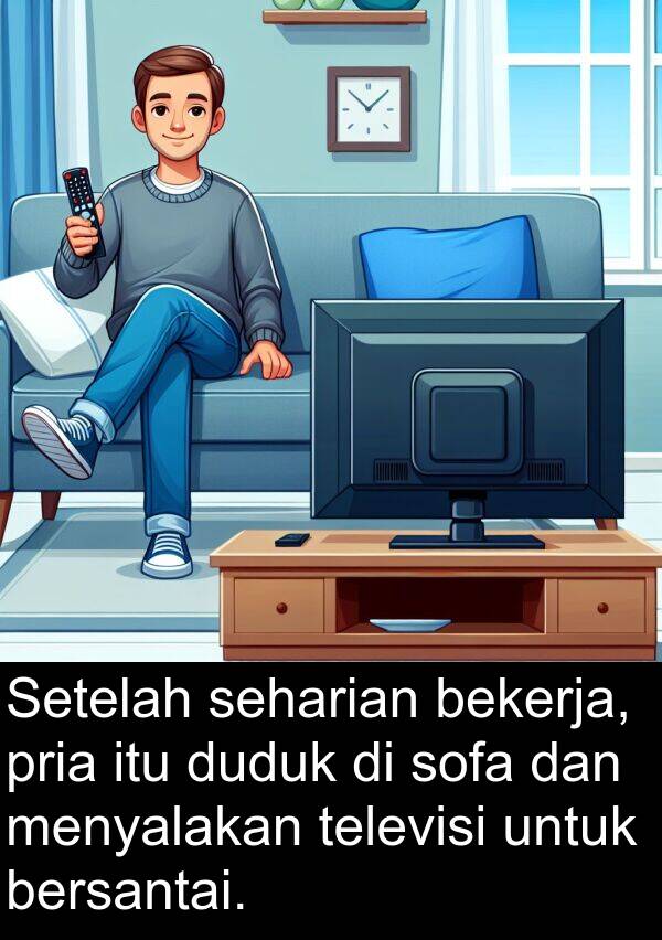 seharian: Setelah seharian bekerja, pria itu duduk di sofa dan menyalakan televisi untuk bersantai.