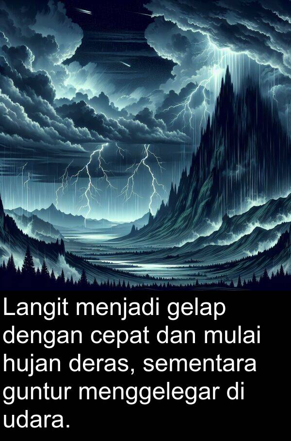 gelap: Langit menjadi gelap dengan cepat dan mulai hujan deras, sementara guntur menggelegar di udara.