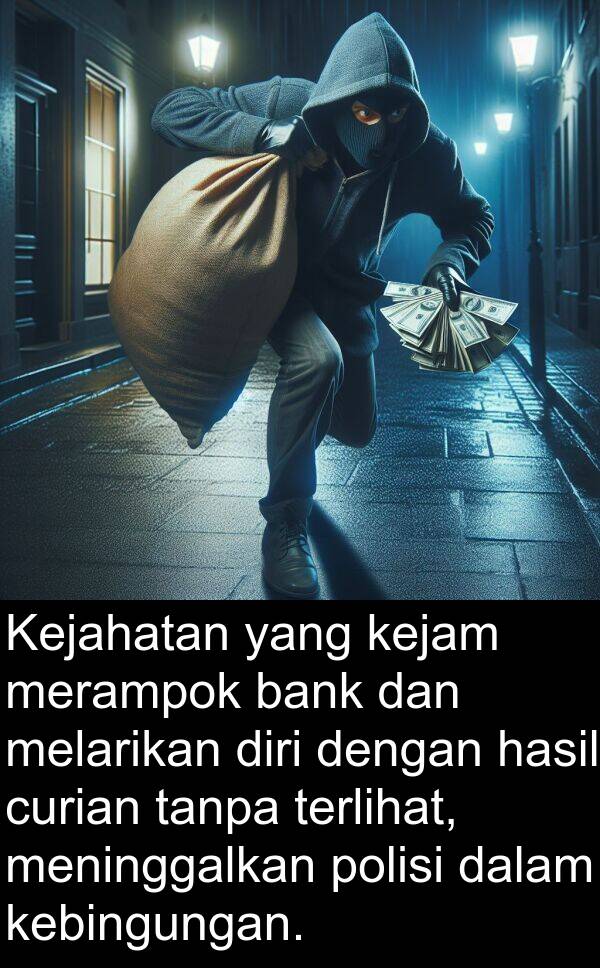 hasil: Kejahatan yang kejam merampok bank dan melarikan diri dengan hasil curian tanpa terlihat, meninggalkan polisi dalam kebingungan.