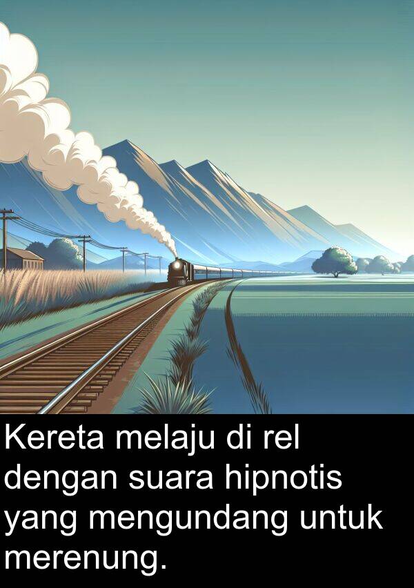 melaju: Kereta melaju di rel dengan suara hipnotis yang mengundang untuk merenung.