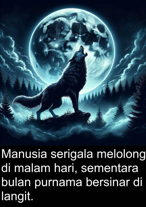 melolong: Manusia serigala melolong di malam hari, sementara bulan purnama bersinar di langit.