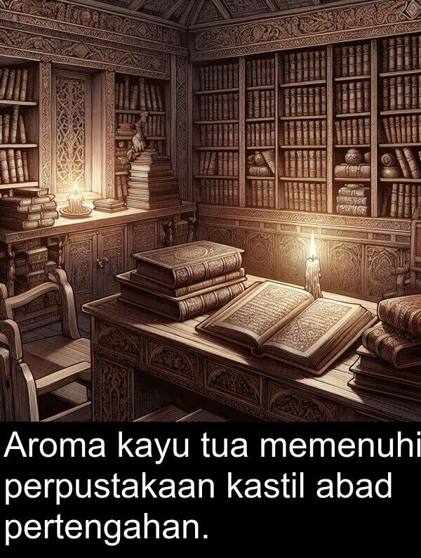 kayu: Aroma kayu tua memenuhi perpustakaan kastil abad pertengahan.