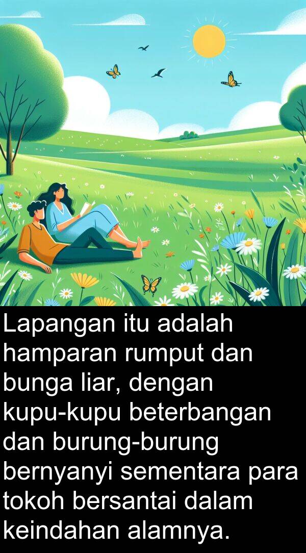 rumput: Lapangan itu adalah hamparan rumput dan bunga liar, dengan kupu-kupu beterbangan dan burung-burung bernyanyi sementara para tokoh bersantai dalam keindahan alamnya.