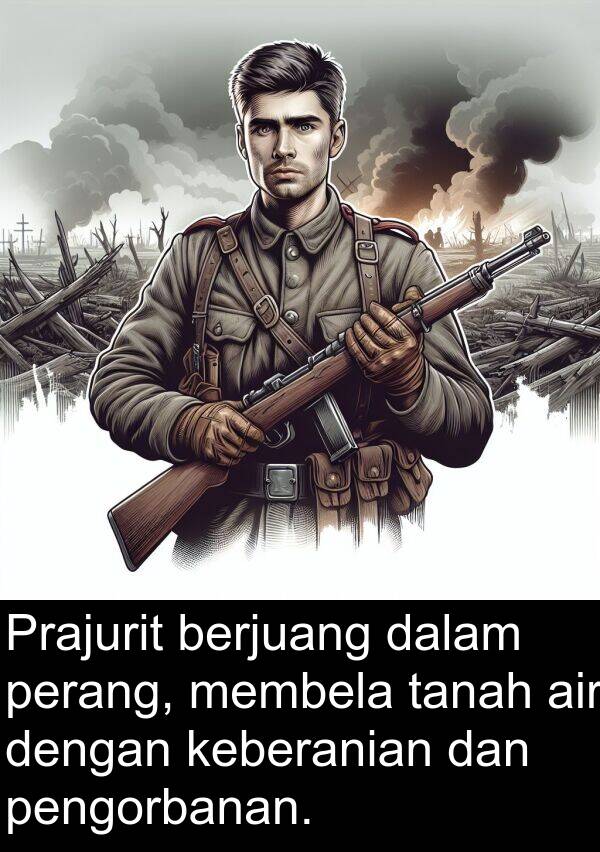 membela: Prajurit berjuang dalam perang, membela tanah air dengan keberanian dan pengorbanan.