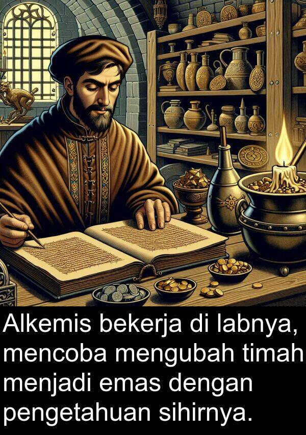 labnya: Alkemis bekerja di labnya, mencoba mengubah timah menjadi emas dengan pengetahuan sihirnya.