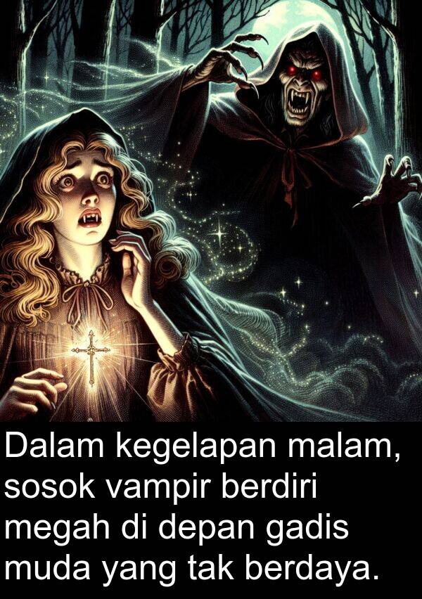 vampir: Dalam kegelapan malam, sosok vampir berdiri megah di depan gadis muda yang tak berdaya.