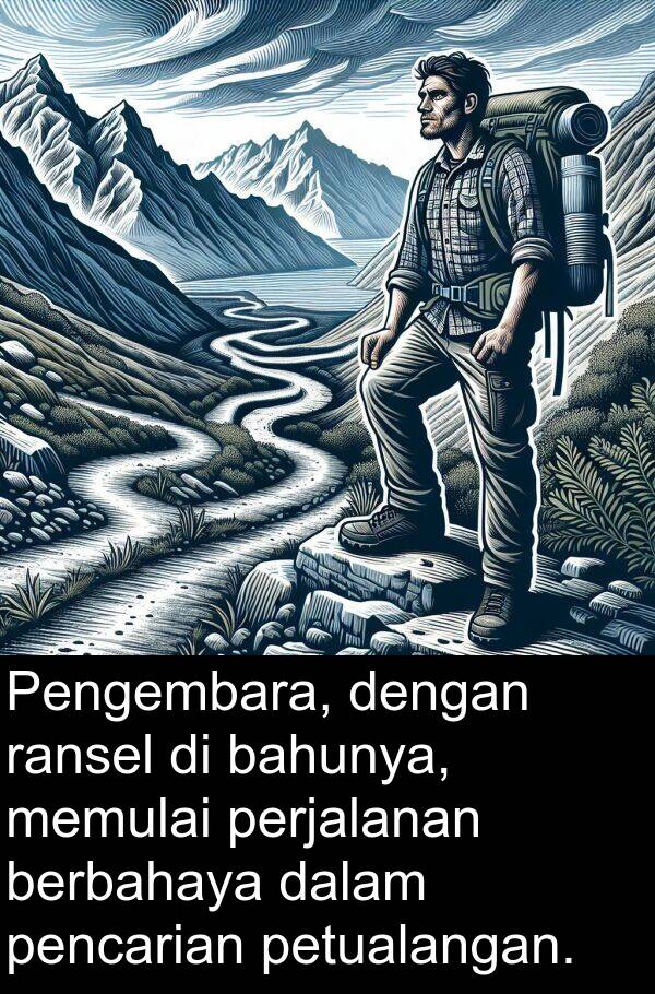 pencarian: Pengembara, dengan ransel di bahunya, memulai perjalanan berbahaya dalam pencarian petualangan.