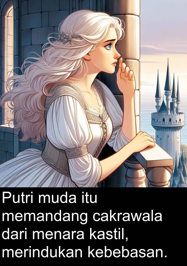 memandang: Putri muda itu memandang cakrawala dari menara kastil, merindukan kebebasan.
