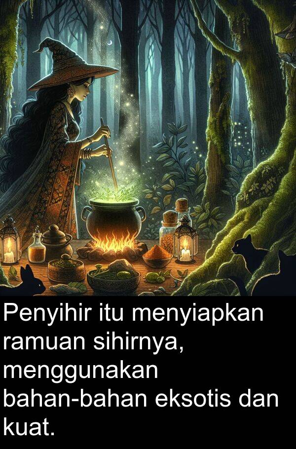 ramuan: Penyihir itu menyiapkan ramuan sihirnya, menggunakan bahan-bahan eksotis dan kuat.