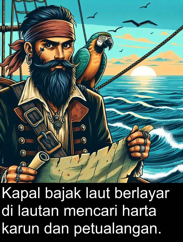 harta: Kapal bajak laut berlayar di lautan mencari harta karun dan petualangan.