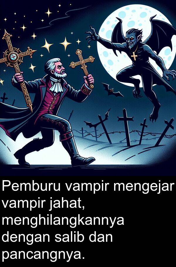 pancangnya: Pemburu vampir mengejar vampir jahat, menghilangkannya dengan salib dan pancangnya.