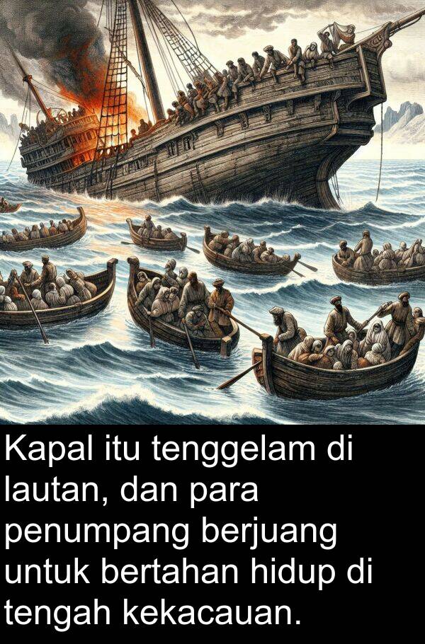 tenggelam: Kapal itu tenggelam di lautan, dan para penumpang berjuang untuk bertahan hidup di tengah kekacauan.