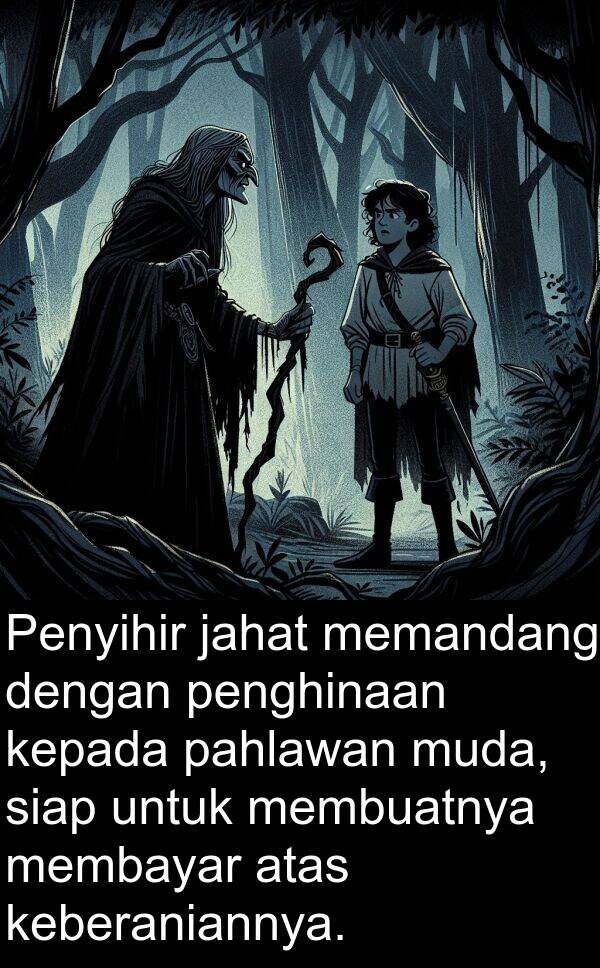 memandang: Penyihir jahat memandang dengan penghinaan kepada pahlawan muda, siap untuk membuatnya membayar atas keberaniannya.