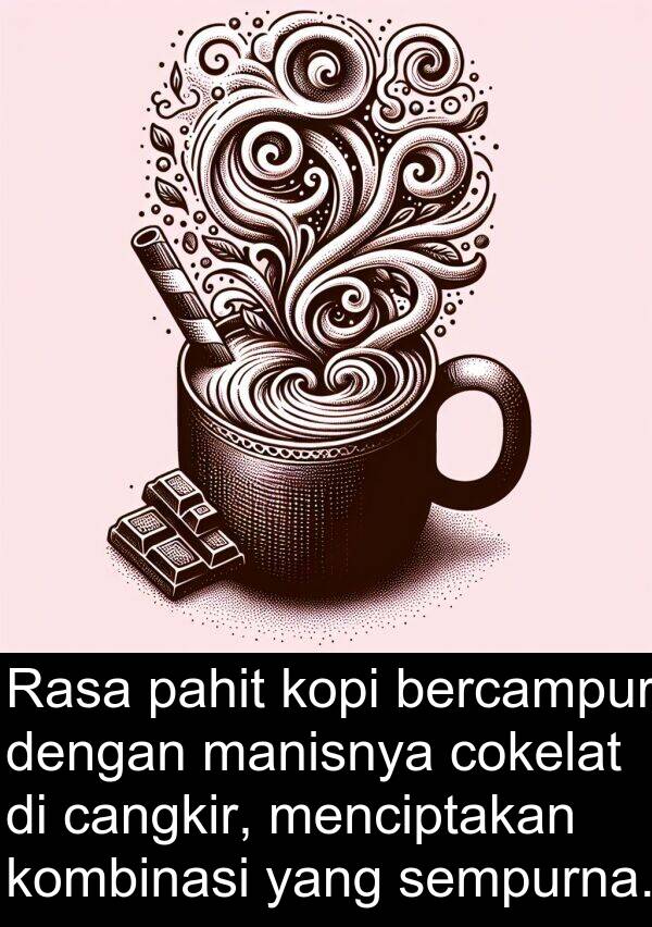 pahit: Rasa pahit kopi bercampur dengan manisnya cokelat di cangkir, menciptakan kombinasi yang sempurna.