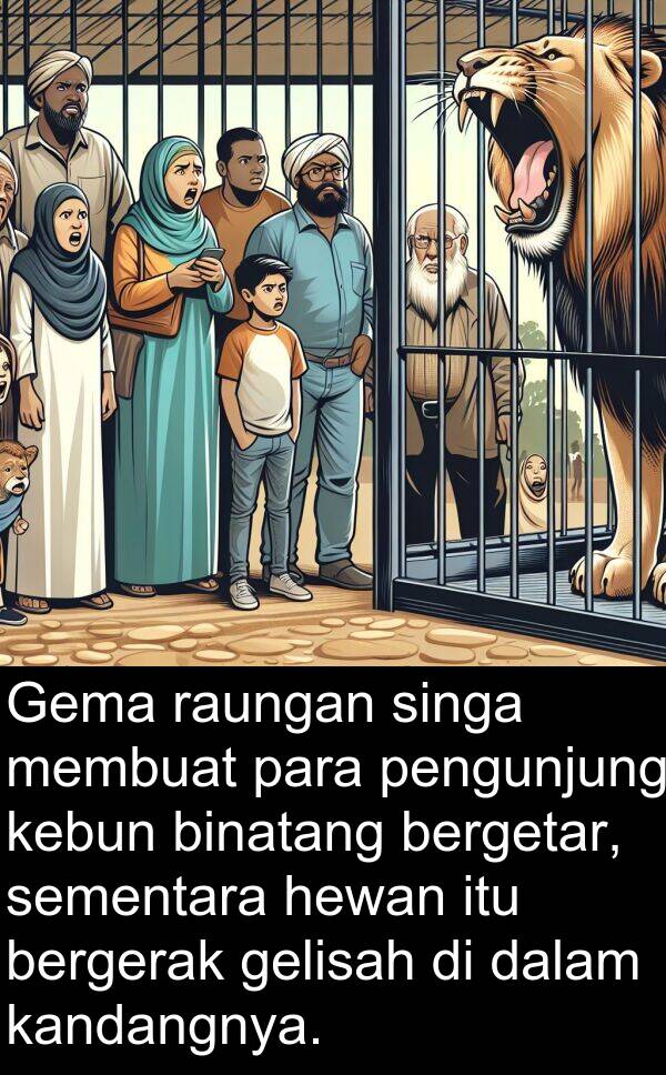 raungan: Gema raungan singa membuat para pengunjung kebun binatang bergetar, sementara hewan itu bergerak gelisah di dalam kandangnya.