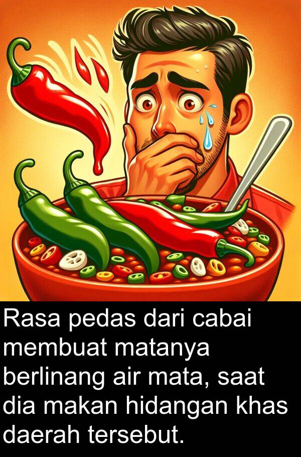 matanya: Rasa pedas dari cabai membuat matanya berlinang air mata, saat dia makan hidangan khas daerah tersebut.