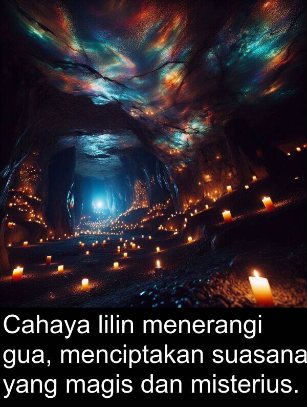 magis: Cahaya lilin menerangi gua, menciptakan suasana yang magis dan misterius.
