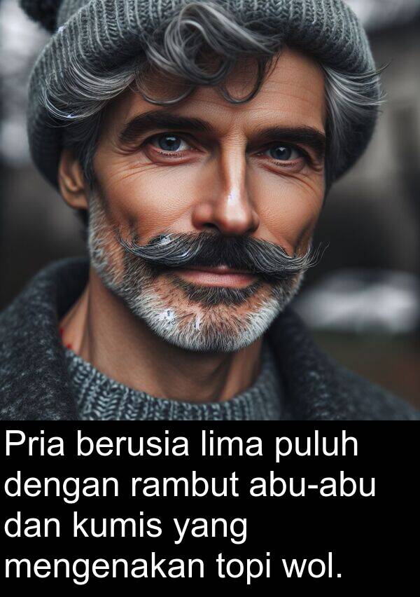 wol: Pria berusia lima puluh dengan rambut abu-abu dan kumis yang mengenakan topi wol.