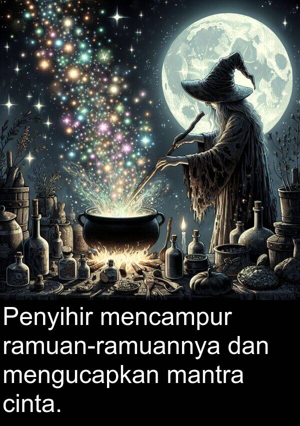 mantra: Penyihir mencampur ramuan-ramuannya dan mengucapkan mantra cinta.