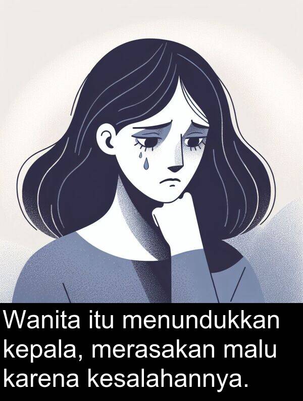 malu: Wanita itu menundukkan kepala, merasakan malu karena kesalahannya.