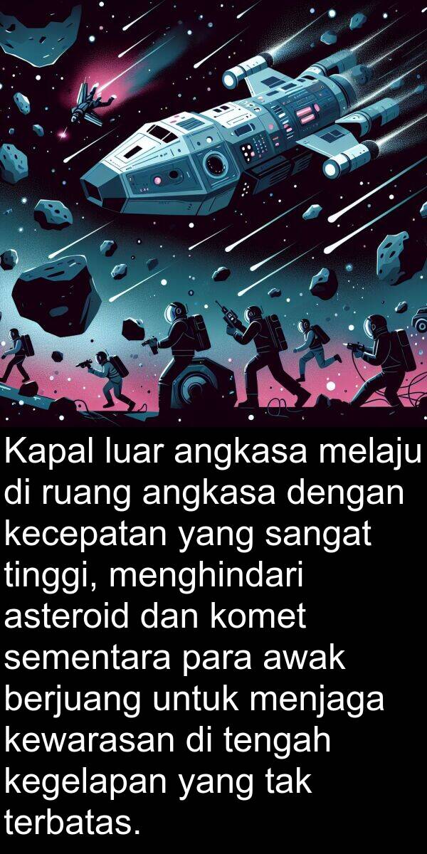 melaju: Kapal luar angkasa melaju di ruang angkasa dengan kecepatan yang sangat tinggi, menghindari asteroid dan komet sementara para awak berjuang untuk menjaga kewarasan di tengah kegelapan yang tak terbatas.