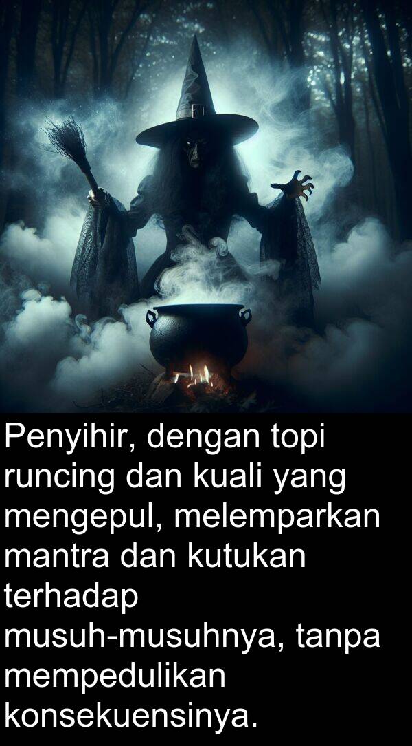 mantra: Penyihir, dengan topi runcing dan kuali yang mengepul, melemparkan mantra dan kutukan terhadap musuh-musuhnya, tanpa mempedulikan konsekuensinya.