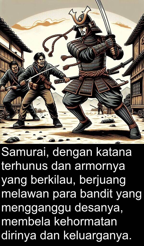 terhunus: Samurai, dengan katana terhunus dan armornya yang berkilau, berjuang melawan para bandit yang mengganggu desanya, membela kehormatan dirinya dan keluarganya.