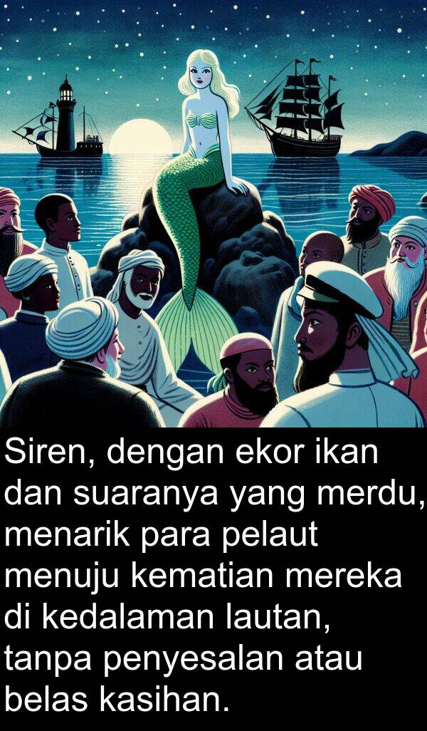 pelaut: Siren, dengan ekor ikan dan suaranya yang merdu, menarik para pelaut menuju kematian mereka di kedalaman lautan, tanpa penyesalan atau belas kasihan.