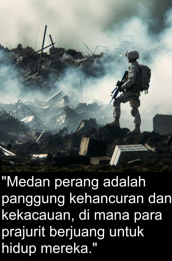 panggung: "Medan perang adalah panggung kehancuran dan kekacauan, di mana para prajurit berjuang untuk hidup mereka."