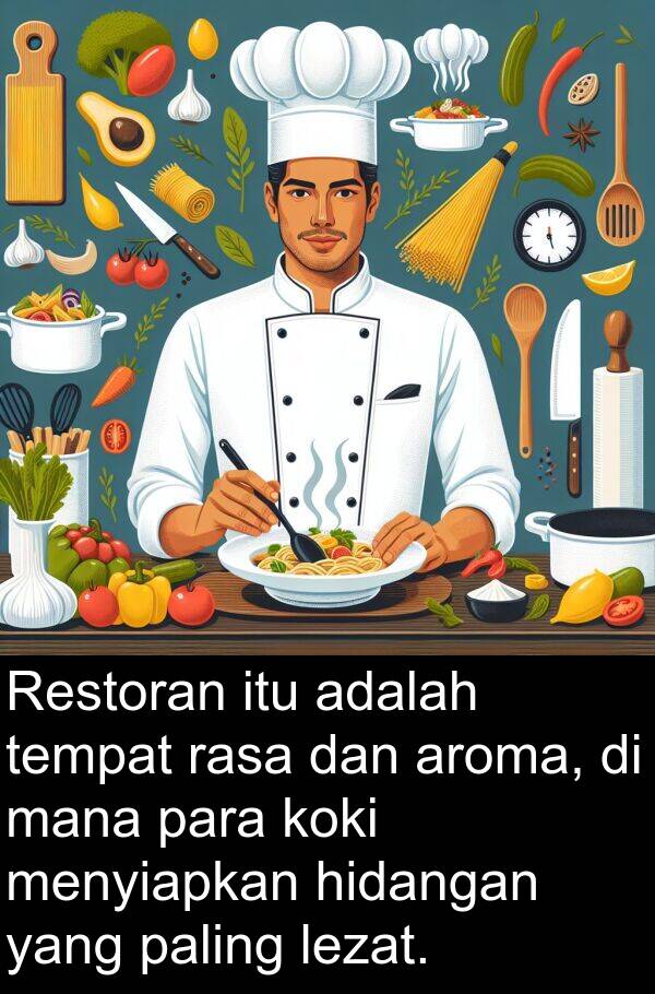 mana: Restoran itu adalah tempat rasa dan aroma, di mana para koki menyiapkan hidangan yang paling lezat.