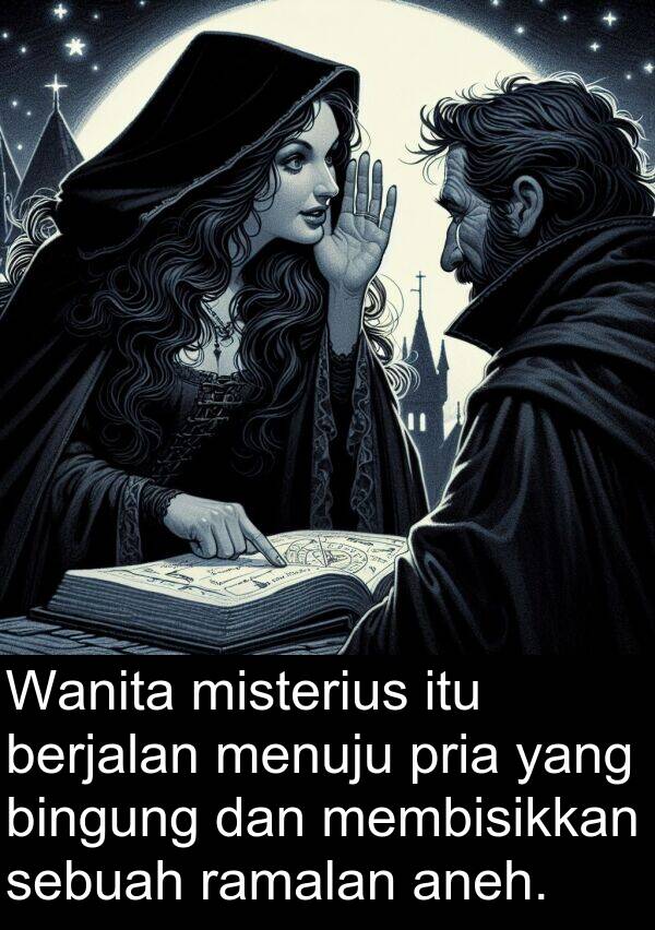 membisikkan: Wanita misterius itu berjalan menuju pria yang bingung dan membisikkan sebuah ramalan aneh.