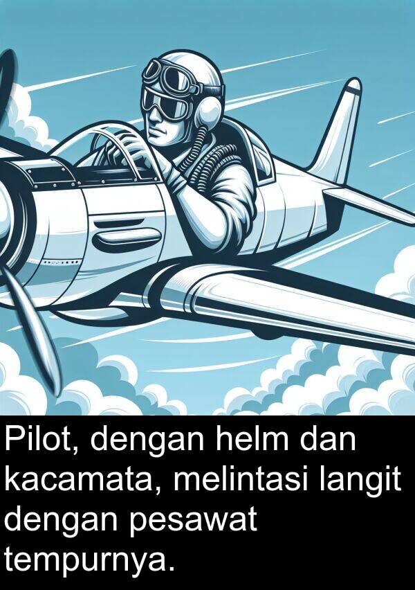 langit: Pilot, dengan helm dan kacamata, melintasi langit dengan pesawat tempurnya.