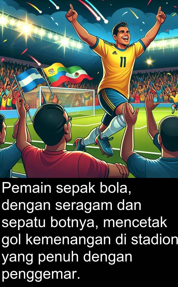 seragam: Pemain sepak bola, dengan seragam dan sepatu botnya, mencetak gol kemenangan di stadion yang penuh dengan penggemar.