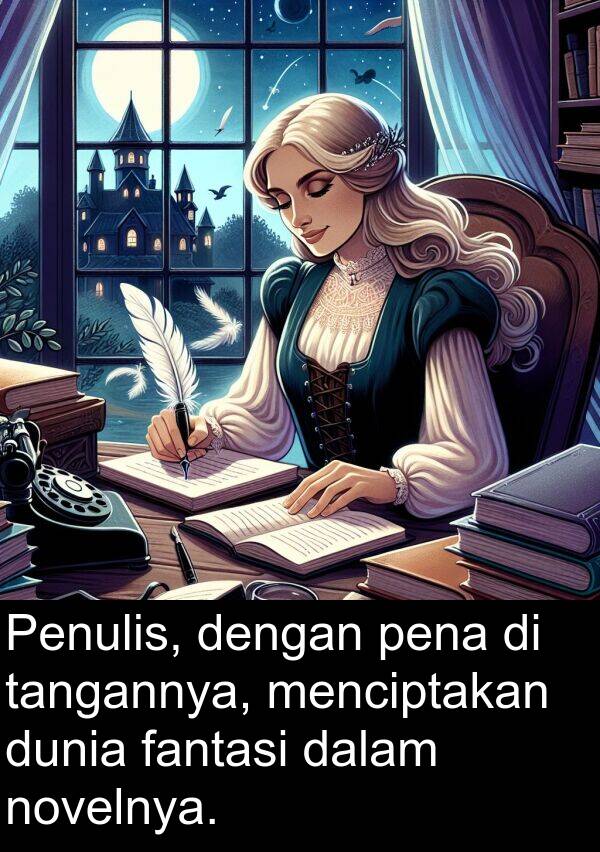 tangannya: Penulis, dengan pena di tangannya, menciptakan dunia fantasi dalam novelnya.