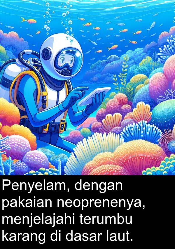 laut: Penyelam, dengan pakaian neoprenenya, menjelajahi terumbu karang di dasar laut.