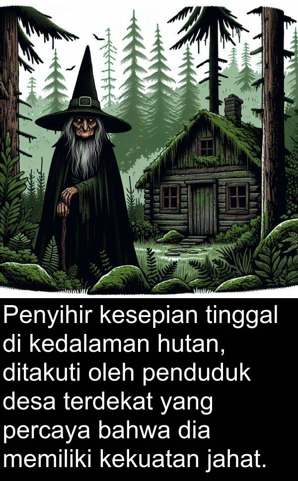 penduduk: Penyihir kesepian tinggal di kedalaman hutan, ditakuti oleh penduduk desa terdekat yang percaya bahwa dia memiliki kekuatan jahat.