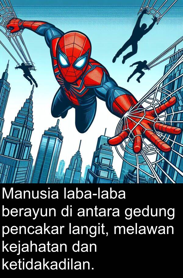 melawan: Manusia laba-laba berayun di antara gedung pencakar langit, melawan kejahatan dan ketidakadilan.
