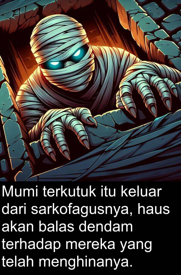 sarkofagusnya: Mumi terkutuk itu keluar dari sarkofagusnya, haus akan balas dendam terhadap mereka yang telah menghinanya.