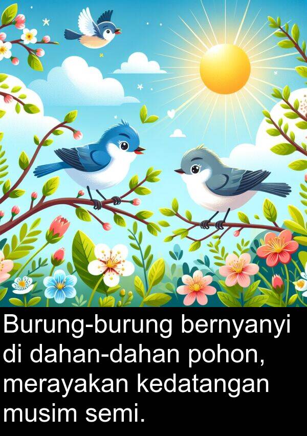 semi: Burung-burung bernyanyi di dahan-dahan pohon, merayakan kedatangan musim semi.