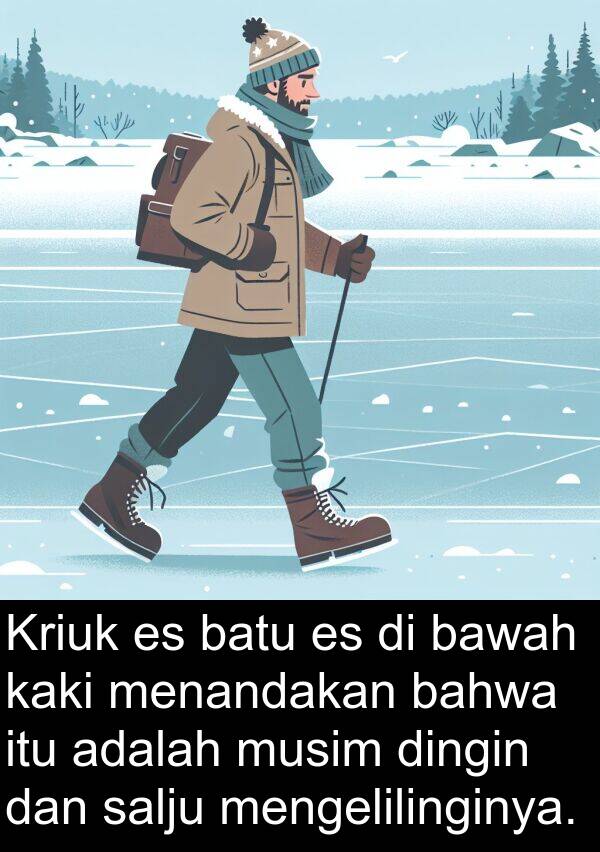 salju: Kriuk es batu es di bawah kaki menandakan bahwa itu adalah musim dingin dan salju mengelilinginya.