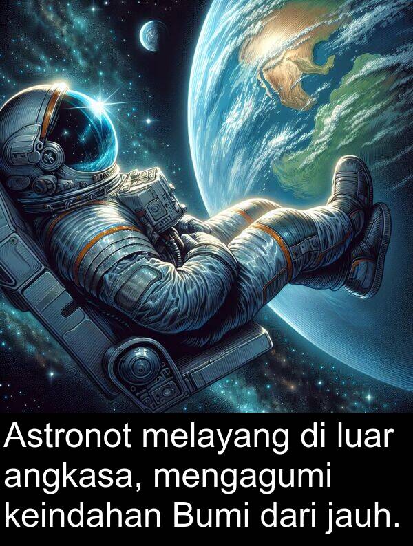 melayang: Astronot melayang di luar angkasa, mengagumi keindahan Bumi dari jauh.