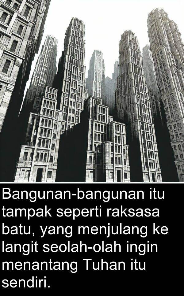 tampak: Bangunan-bangunan itu tampak seperti raksasa batu, yang menjulang ke langit seolah-olah ingin menantang Tuhan itu sendiri.