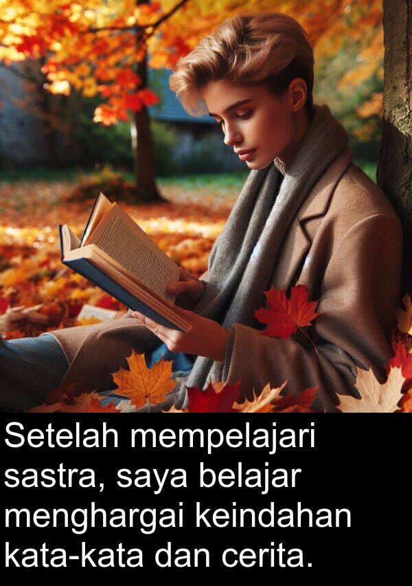 sastra: Setelah mempelajari sastra, saya belajar menghargai keindahan kata-kata dan cerita.