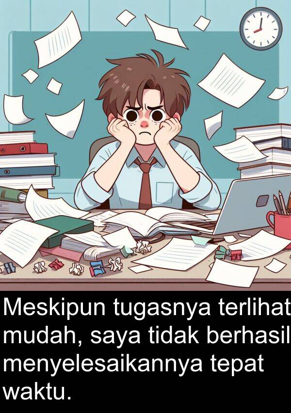 tepat: Meskipun tugasnya terlihat mudah, saya tidak berhasil menyelesaikannya tepat waktu.