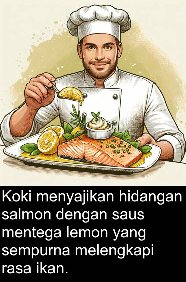 saus: Koki menyajikan hidangan salmon dengan saus mentega lemon yang sempurna melengkapi rasa ikan.
