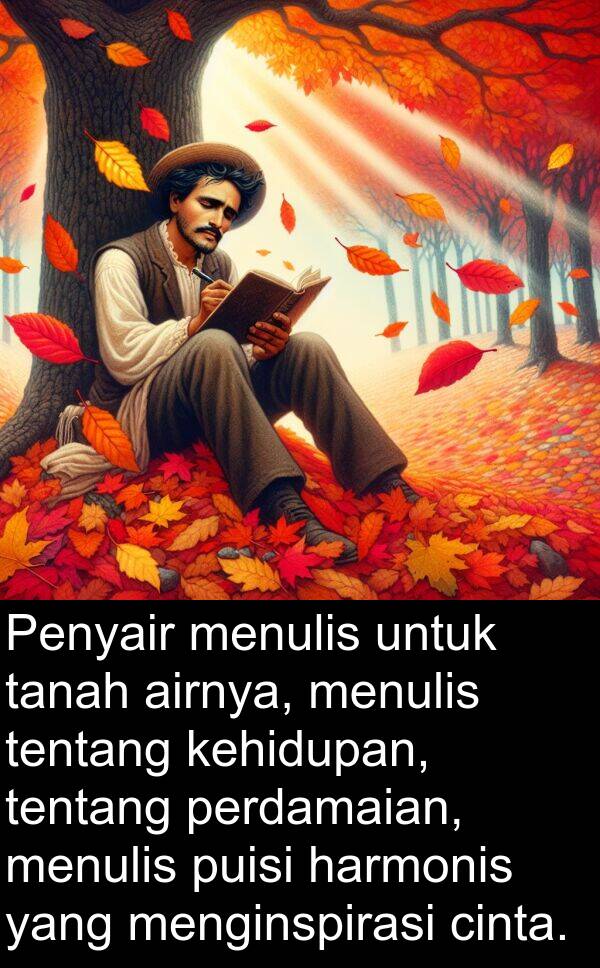 harmonis: Penyair menulis untuk tanah airnya, menulis tentang kehidupan, tentang perdamaian, menulis puisi harmonis yang menginspirasi cinta.