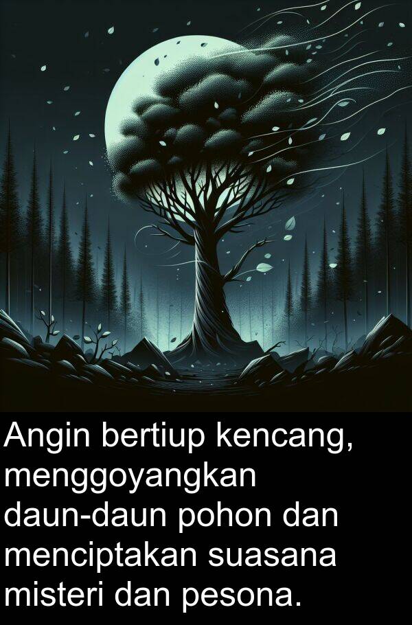 misteri: Angin bertiup kencang, menggoyangkan daun-daun pohon dan menciptakan suasana misteri dan pesona.