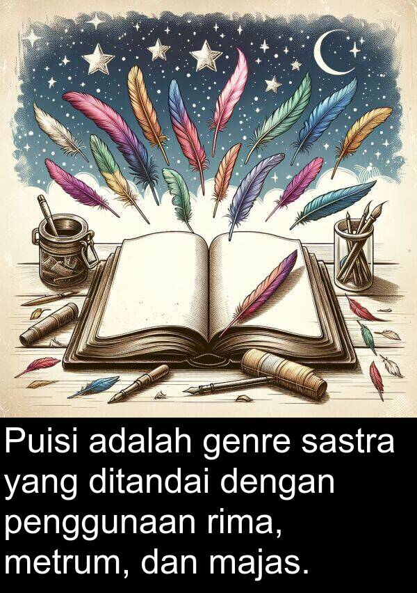 rima: Puisi adalah genre sastra yang ditandai dengan penggunaan rima, metrum, dan majas.